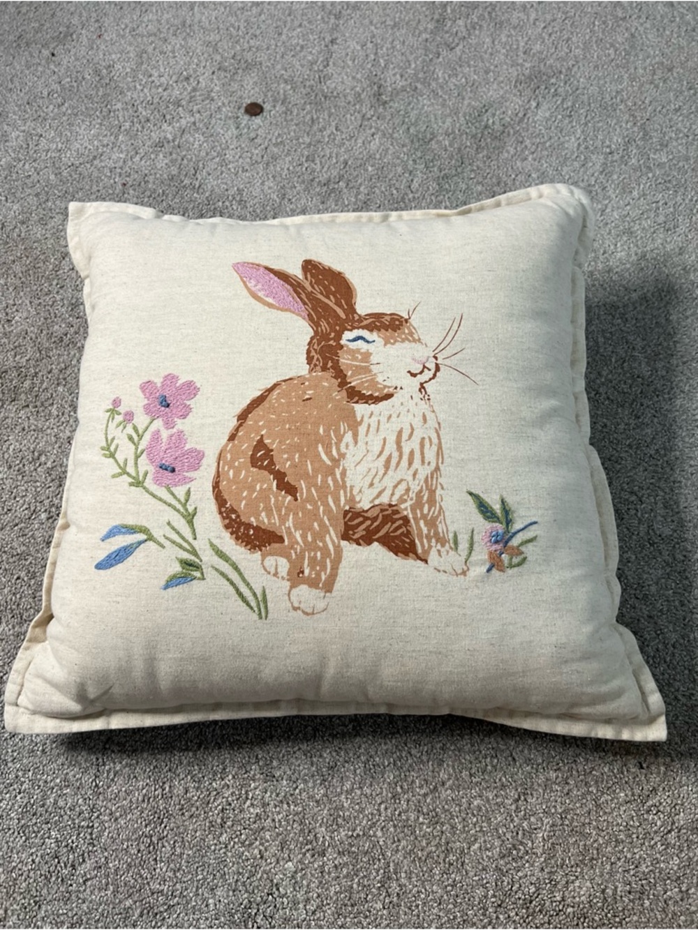Embroidered Bunny Throw Pillow - Cream with Brown & Pink Accents